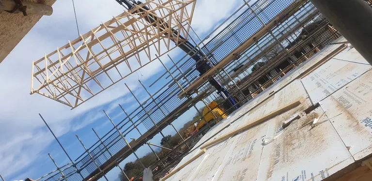 Roof timbers seen from below during framing